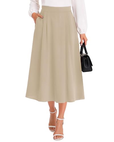 Women's High Waisted Midi Skirt A-Line Pleated with Pockets | Long Chiffon Lightweight Summer Flowy Elegant Skirt, Office Meetings, Work & Business Casual